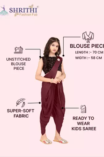 Maroon Lycra Solid Dhoti Style Ready Made Saree with stitched blouse for girls