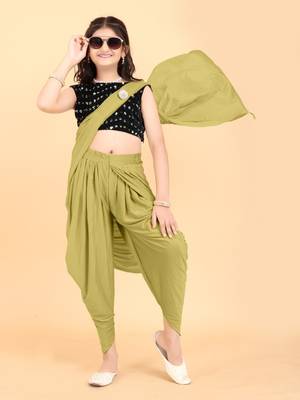 Olive Green Lycra Readymade Girls Ethnic Sarees with stitched blouse for girls 1