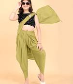 Olive Green Lycra Readymade Girls Ethnic Sarees with stitched blouse for girls