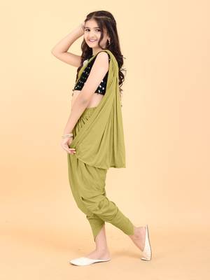 Olive Green Lycra Readymade Girls Ethnic Sarees with stitched blouse for girls 2