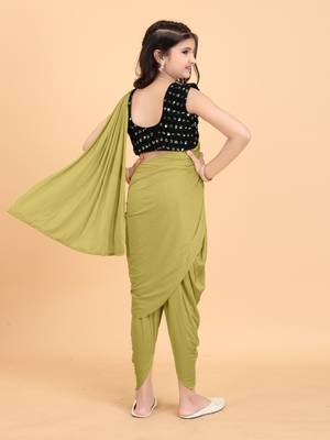 Olive Green Lycra Readymade Girls Ethnic Sarees with stitched blouse for girls 3