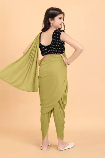 Olive Green Lycra Readymade Girls Ethnic Sarees with stitched blouse for girls