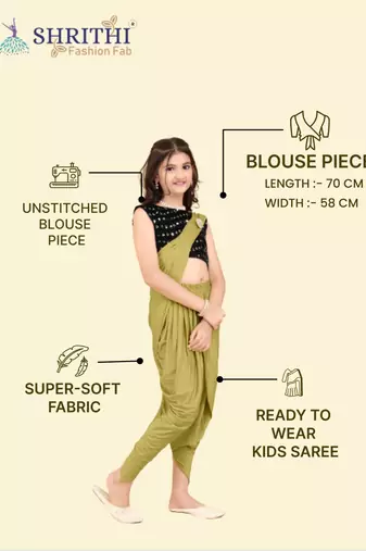 Olive Green Lycra Readymade Girls Ethnic Sarees with stitched blouse for girls