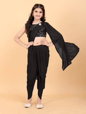 Black Lycra Woven Dhoti Style Kids Saree with stitched blouse for girls 1