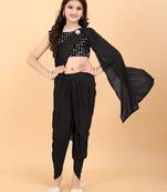 Black Lycra Woven Dhoti Style Kids Saree with stitched blouse for girls