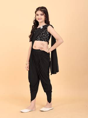 Black Lycra Woven Dhoti Style Kids Saree with stitched blouse for girls 2