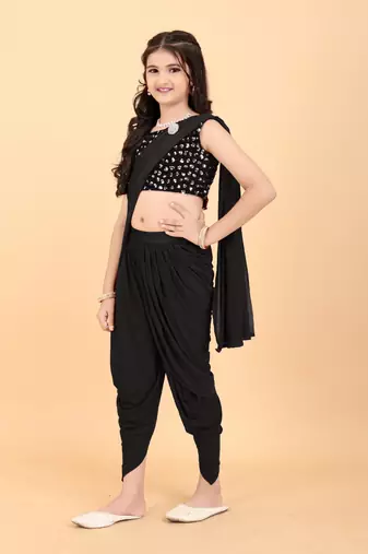 Black Lycra Woven Dhoti Style Kids Saree with stitched blouse for girls