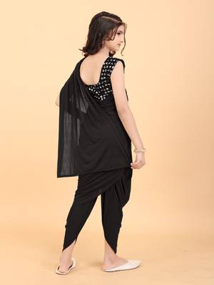 Black Lycra Woven Dhoti Style Kids Saree with stitched blouse for girls 3