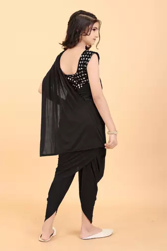 Black Lycra Woven Dhoti Style Kids Saree with stitched blouse for girls
