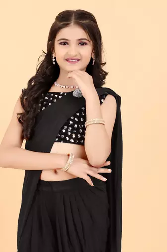 Black Lycra Woven Dhoti Style Kids Saree with stitched blouse for girls