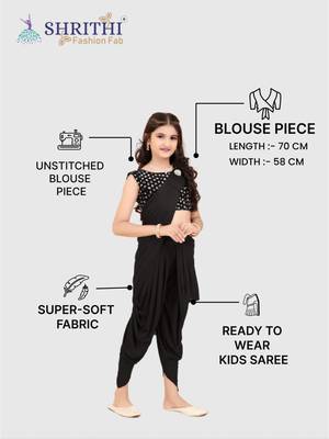 Black Lycra Woven Dhoti Style Kids Saree with stitched blouse for girls 5