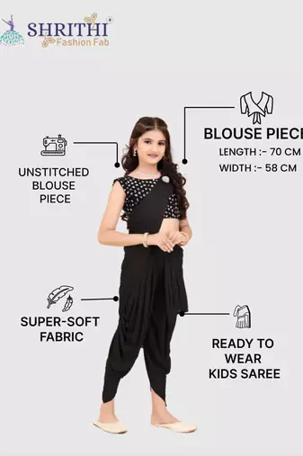 Black Lycra Woven Dhoti Style Kids Saree with stitched blouse for girls