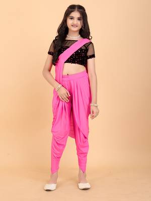 Pink Lycra Woven Kids Readymade Saree with stitched blouse for girls 1