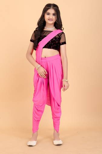 Pink Lycra Woven Kids Readymade Saree