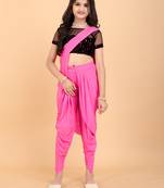 Pink Lycra Woven Kids Readymade Saree with stitched blouse for girls