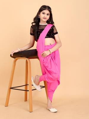 Pink Lycra Woven Kids Readymade Saree with stitched blouse for girls 2