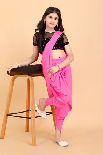 Pink Lycra Woven Kids Readymade Saree with stitched blouse for girls
