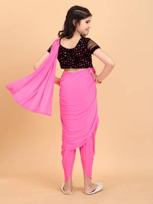 Pink Lycra Woven Kids Readymade Saree with stitched blouse for girls 3