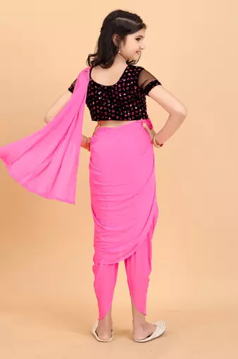 Pink Lycra Woven Kids Readymade Saree with stitched blouse for girls