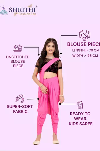 Pink Lycra Woven Kids Readymade Saree with stitched blouse for girls
