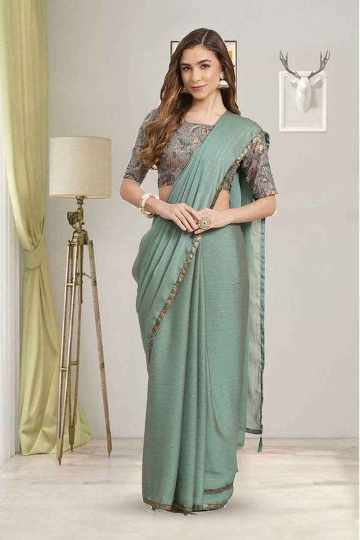 Light green plain chiffon saree with blouse