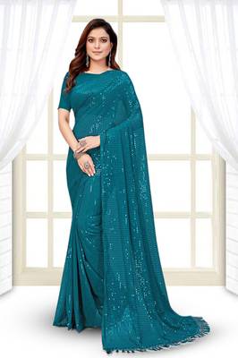 Teal Blue Coloured Sequined Embroidered Georgette Saree with Blouse Piece 1