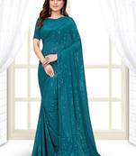 Teal Blue Coloured Sequined Embroidered Georgette Saree with Blouse Piece