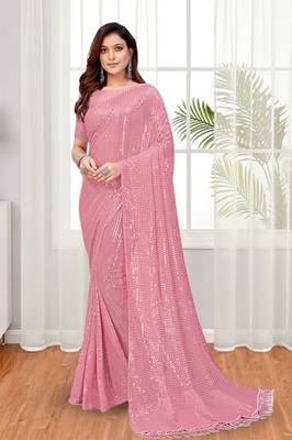 Peach Pink Coloured Sequined Embroidered Georgette Saree with Blouse Piece 1
