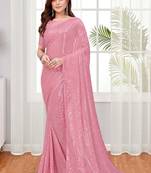 Peach Pink Coloured Sequined Embroidered Georgette Saree with Blouse Piece