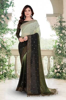 Olive Geen and Green Coloured Sequined Embroidered Georgette Saree with Blouse Piece 1