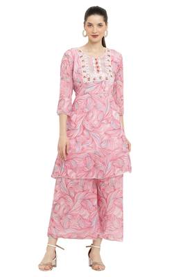 "pavonine" pink color printed kurta and flared palazzo set for girls & women 1