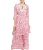 "pavonine" pink color printed kurta and flared palazzo set for girls & women