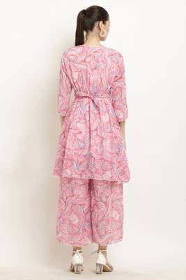 "pavonine" pink color printed kurta and flared palazzo set for girls & women 2