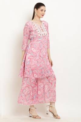 "pavonine" pink color printed kurta and flared palazzo set for girls & women 3