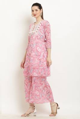 "pavonine" pink color printed kurta and flared palazzo set for girls & women 4