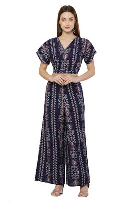 "pavonine" navy blue color printed crop top and flared palazzo set for girls & women 1