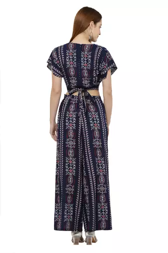 "pavonine" navy blue color printed crop top and flared palazzo set for girls & women