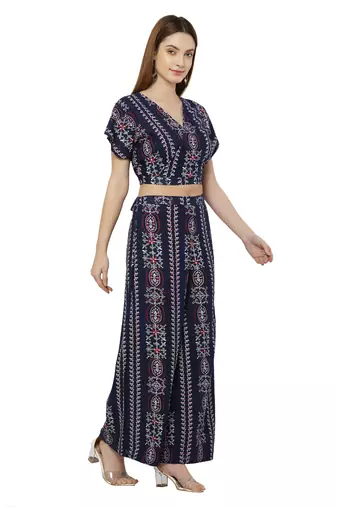 "pavonine" navy blue color printed crop top and flared palazzo set for girls & women