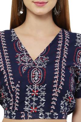 "pavonine" navy blue color printed crop top and flared palazzo set for girls & women 4