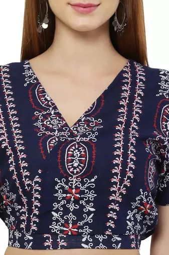 "pavonine" navy blue color printed crop top and flared palazzo set for girls & women