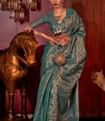Teal Blue Handloom Weaving Silk Woven Work Saree With Blouse