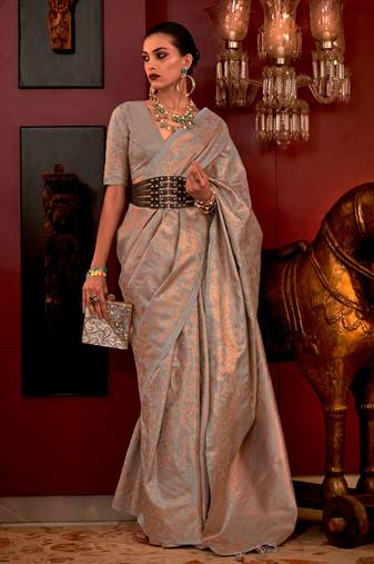 Stone Grey Handloom Weaving Silk Woven Work Saree With Blouse