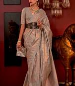 Stone Grey Handloom Weaving Silk Woven Work Saree With Blouse