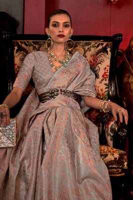 Stone Grey Handloom Weaving Silk Woven Work Saree With Blouse 2