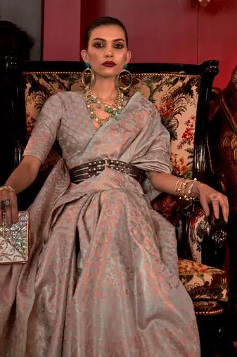 Stone Grey Handloom Weaving Silk Woven Work Saree With Blouse