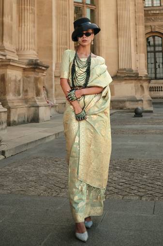 Pista Green Gota Zari Weaving Silk Woven Work Saree With Blouse