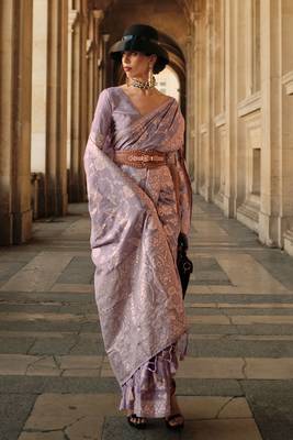 lavender gota zari weaving silk blend woven work saree with blouse 1