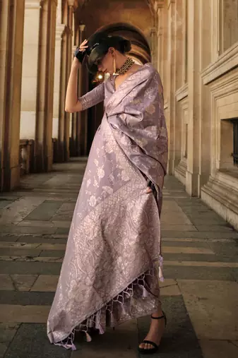 lavender gota zari weaving silk blend woven work saree with blouse