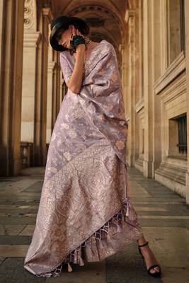 lavender gota zari weaving silk blend woven work saree with blouse 3