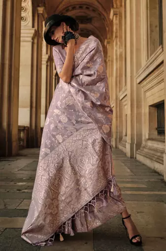 lavender gota zari weaving silk blend woven work saree with blouse